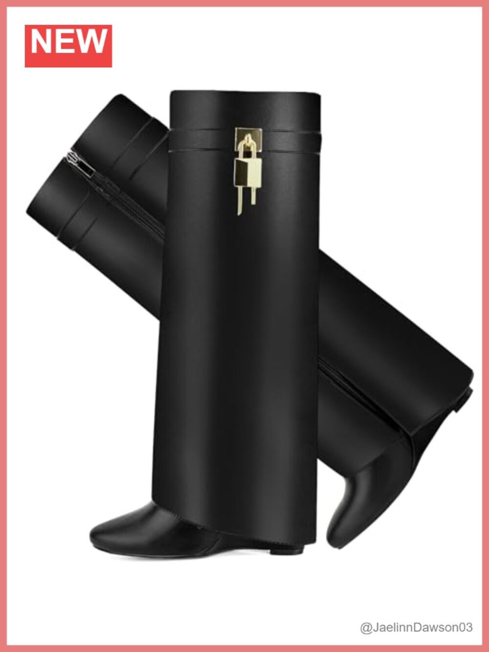 Faux Leather Fold Over Knee High Shark Boots 4-Inch Wedge Heel Side Zipper